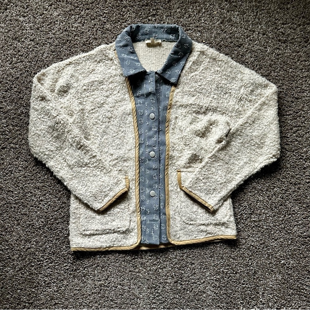 Mystree Cream Knit Floral Trim Sweater Jacket Size S